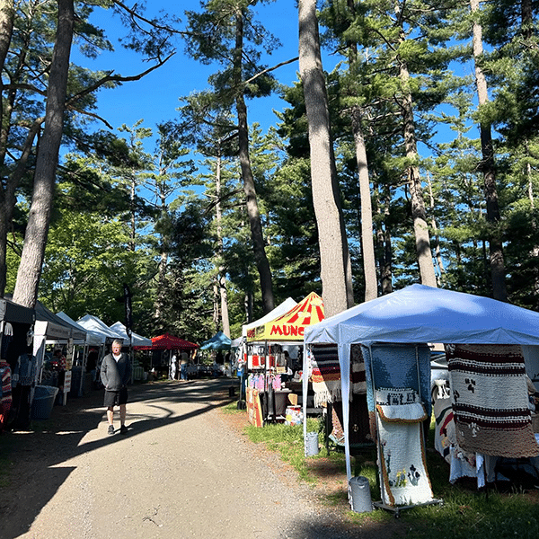 Gravenhurst Farmers Market vendors tent in tall trees