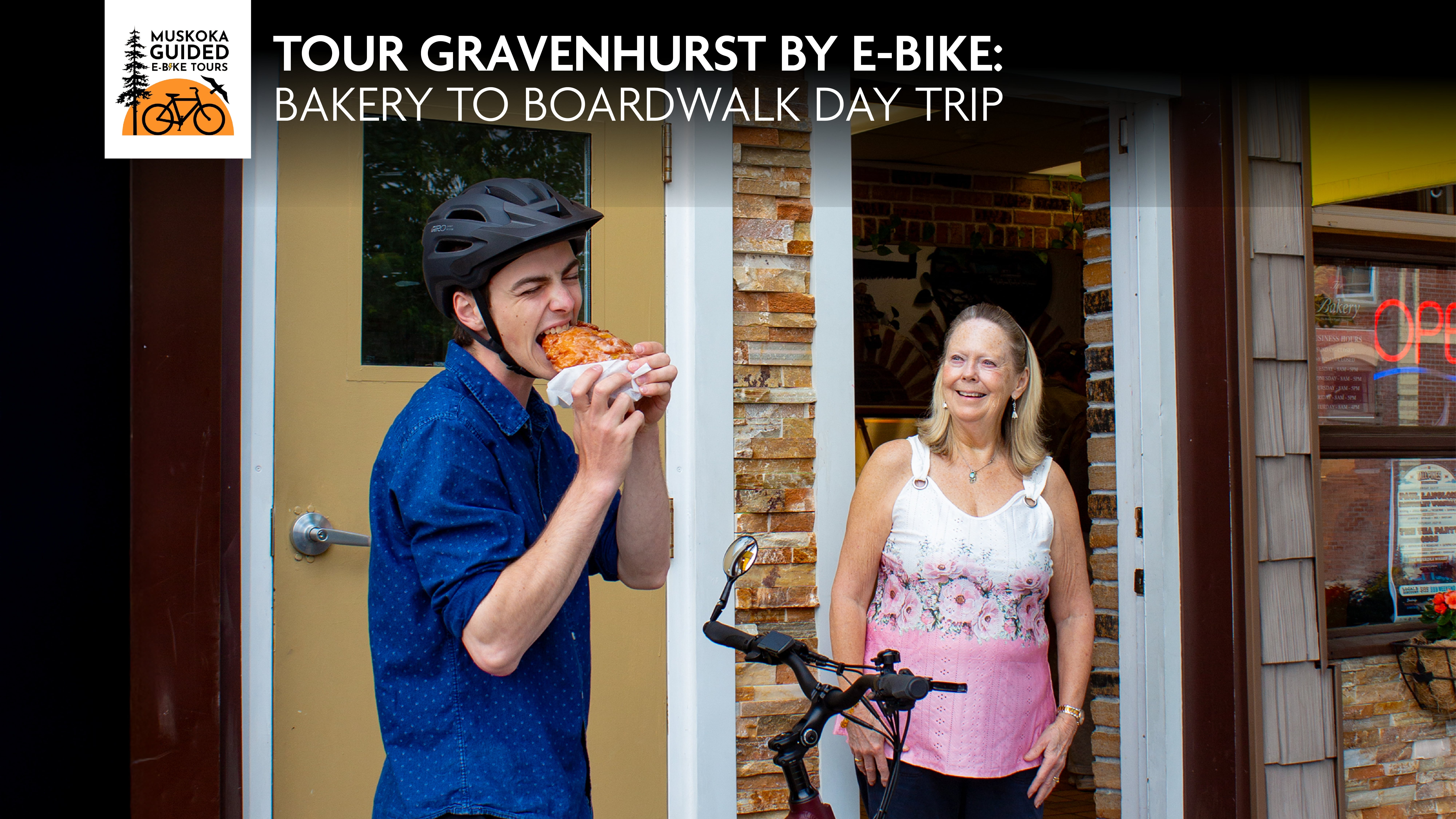 E-bike tour eating an apple fritter.